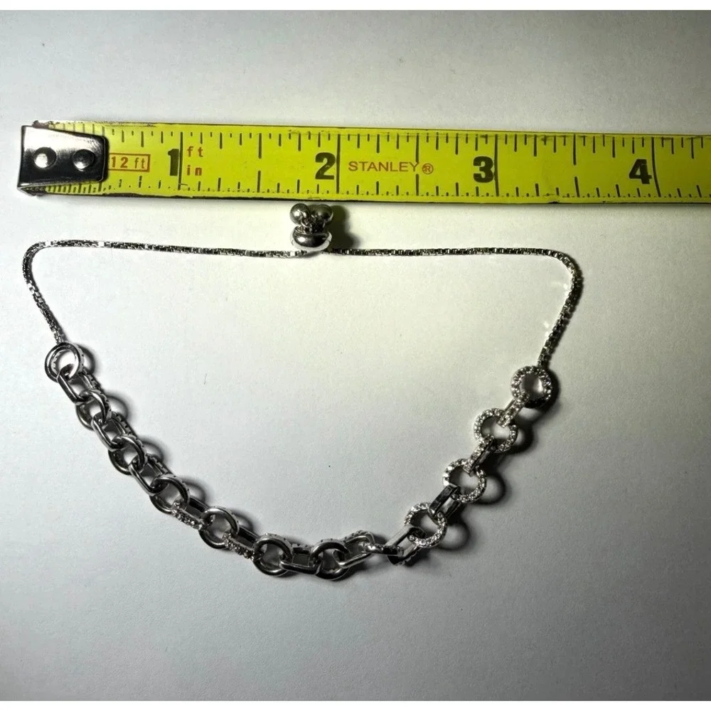Sterling Silver 925 Adjustable Bolo Bracelet Pave Cubic Zirconia Link Chain